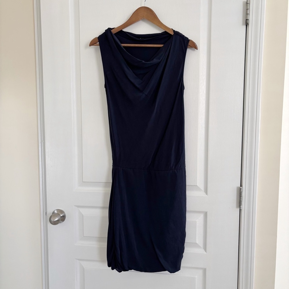 Theory Blue Silk Blouson Dress Sz 2 Luxe Workwear